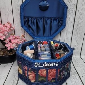 Elegant Blue Sewing Basket with Floral Design